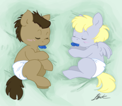 Size: 916x800 | Tagged: safe, artist:caycowa, derpy hooves, doctor whooves, time turner, earth pony, pony, g4, baby, baby pony, colt, diaper, filly, foal, pacifier, sleeping