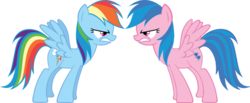 Size: 1000x410 | Tagged: safe, firefly, rainbow dash, pegasus, pony, g1, g4, angry, duo, duo female, face to face, female, g1 to g4, generation leap, mare, simple background, spread wings, transparent background, vector, wings