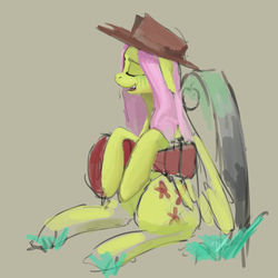 Size: 1788x1788 | Tagged: artist needed, safe, fluttershy, g4, applejack's hat, cowboy hat, crying, guitar, hat