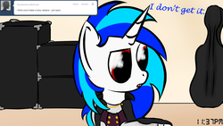 Size: 1100x619 | Tagged: safe, artist:abaddon41, dj pon-3, vinyl scratch, pony, unicorn, vampire, ask vinyl and octavia, g4, ask, fangs, female, hooves, horn, mare, solo, text, tumblr