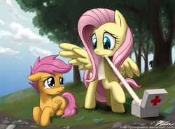 Size: 1200x889 | Tagged: safe, artist:johnjoseco, fluttershy, rainbow dash, scootaloo, pegasus, pony, g4, bandage, blank flank, cloud, crying, female, filly, first aid kit, floppy ears, foal, implied scootabuse, leaves, lying down, mare, prone, raised hoof, scootalove, signature, sky, spread wings, teary eyes, tree, wings