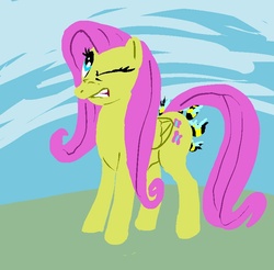 Size: 760x747 | Tagged: artist needed, safe, fluttershy, bee, pegasus, pony, g4, bee sting, female, mare, one eye closed, pain