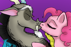 Size: 900x600 | Tagged: safe, artist:vampire-angel13, discord, pinkie pie, g4, female, interspecies, kissing, male, ship:discopie, shipping, straight