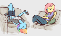 Size: 1955x1172 | Tagged: safe, artist:poptart36, fluttershy, rainbow dash, pegasus, anthro, g4, couch, duo, female, juice box, remote, upside down