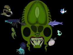 Size: 1024x768 | Tagged: safe, artist:php21, derpibooru exclusive, dj pon-3, lyra heartstrings, octavia melody, vinyl scratch, alien, changeling, dolphin, jellyfish, lobster, monster pony, octopony, octopus, original species, sea pony, shark, g4, creepy, crossover, ecco, ecco the dolphin, marine, octaviapus, seaponified, seapony lyra, sega, sharkified, species swap, video game, vinyl shark, vortex