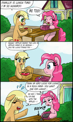 Size: 1919x3186 | Tagged: safe, artist:ciriliko, applejack, pinkie pie, g4, comic, complaining, creeper, female, filly, filly applejack, filly pinkie pie, lidded eyes, lunch, rock, unexpected, younger