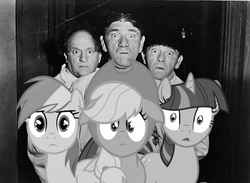 Size: 725x530 | Tagged: safe, applejack, rainbow dash, twilight sparkle, pony, g4, black and white, grayscale, larry fine, moe howard, photo, shemp howard, stare, the three stooges