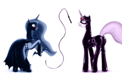 Size: 1280x843 | Tagged: safe, artist:dobromyslov, princess celestia, princess luna, princess molestia, g4, batman, butt, catwoman, cosplay, latex, plot, simple background, whip