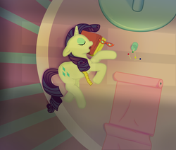 Size: 2648x2244 | Tagged: safe, artist:randompinkpie, rarity, pony, g4, carousel boutique, fabric, glasses, high res, measuring tape, pins, sleeping, solo