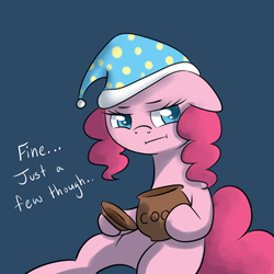 Size: 500x500 | Tagged: safe, artist:maplesunrise, pinkie pie, earth pony, pony, ask snuggle pie, g4, ask, colored pupils, cookie jar, female, floppy ears, hat, nightcap, solo, tumblr