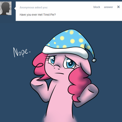 Size: 1000x1000 | Tagged: safe, artist:maplesunrise, pinkie pie, earth pony, pony, ask snuggle pie, g4, ask, female, floppy ears, hat, nightcap, shrug, solo, tumblr