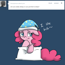 Size: 1000x1000 | Tagged: safe, artist:maplesunrise, pinkie pie, earth pony, pony, ask snuggle pie, g4, ask, cute, diapinkes, female, floppy ears, hat, nightcap, pillow, solo, tumblr