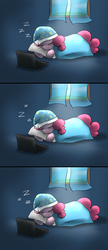 Size: 1280x2975 | Tagged: safe, artist:maplesunrise, pinkie pie, ask snuggle pie, g4, ask, computer, hat, laptop computer, nightcap, sleeping, tumblr, zzz