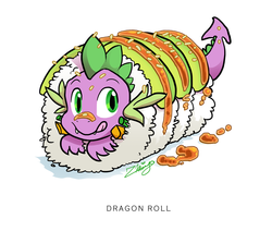 Size: 800x678 | Tagged: safe, artist:zhivagooo, spike, dragon, g4, avocado, cute, dragon roll, food, licking lips, male, ponies in food, ponies in sushi, pun, smiling, solo, spikabetes, sushi, tongue out, visual pun