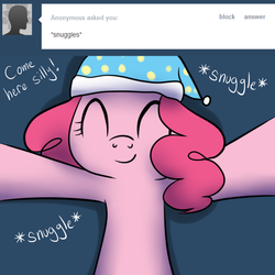 Size: 1000x1000 | Tagged: safe, artist:maplesunrise, pinkie pie, pony, ask snuggle pie, g4, ask, cute, diapinkes, eyes closed, female, hat, nightcap, offscreen character, pov, snuggling, solo, tumblr