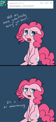 Size: 1000x2174 | Tagged: safe, artist:maplesunrise, pinkie pie, earth pony, pony, ask snuggle pie, g4, ask, bed mane, cute, dialogue, diapinkes, female, floppy ears, missing accessory, solo, tumblr