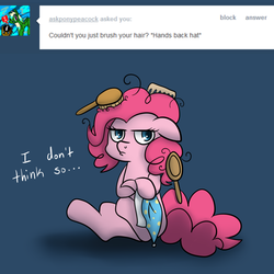 Size: 1000x1000 | Tagged: safe, artist:maplesunrise, pinkie pie, earth pony, pony, ask snuggle pie, g4, ask, brush, comb, cute, diapinkes, female, hat, messy mane, nightcap, solo, stuck, tumblr