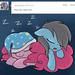 Size: 1000x1000 | Tagged: safe, artist:maplesunrise, pinkie pie, rainbow dash, ask grey dash, ask snuggle pie, g4, ask, hat, nightcap, sleeping, snuggling, tumblr, zzz