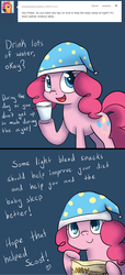 Size: 1000x2195 | Tagged: safe, artist:maplesunrise, pinkie pie, earth pony, pony, ask snuggle pie, g4, ask, chips, female, hat, nightcap, solo, tumblr, water