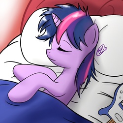 Size: 900x900 | Tagged: safe, artist:ppdraw, twilight sparkle, pony, g4, bed, cute, eyes closed, female, guitar, messy mane, morning ponies, on side, sleeping, smiling, solo