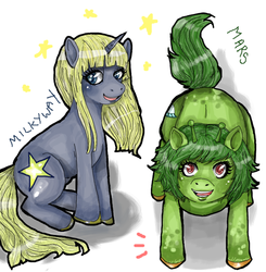 Size: 600x613 | Tagged: safe, artist:superlucky13, earth pony, pony, unicorn, antennae, duo, female, mare, mars (milky way and the galaxy girls), milky way (milky way and the galaxy girls), milky way and the galaxy girls, ponified, unshorn fetlocks