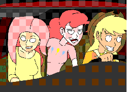 Size: 519x377 | Tagged: safe, artist:xevnest, applejack, fluttershy, pinkie pie, human, g4, animated, car, driving, female, frame by frame, gif, grin, headbob, humanized, night at the roxbury, smiling, trio, what is love