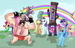 Size: 1984x1276 | Tagged: safe, artist:timotei-chan, applejack, fluttershy, pinkie pie, rainbow dash, rarity, twilight sparkle, human, pony, g4, butt, candy, couch, crossover, geisha, heavy (tf2), mane six, medic, medic (tf2), plot, rainbow, snickers, spy, spy (tf2), sumo wrestler, team fortress 2, wat