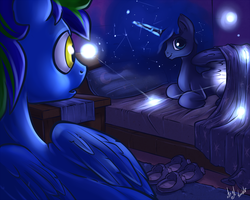Size: 1250x1000 | Tagged: safe, artist:atryl, princess luna, oc, oc:lightning nova, pegasus, pony, g4, :o, bed, bedroom, canon x oc, clothes, dark, female, magic, male, missing accessory, open mouth, prone, shipping, slippers, smiling, spread wings, straight, wide eyes