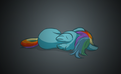 Size: 1294x797 | Tagged: safe, artist:fyxe, rainbow dash, pegasus, pony, g4, female, gradient background, mare, on side, rear view, sad