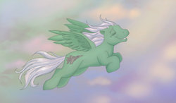 Size: 1170x682 | Tagged: safe, artist:thiscrispykat, oc, oc only, pony, flying, solo