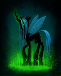 Size: 800x1000 | Tagged: dead source, safe, artist:laurenmagpie, queen chrysalis, changeling, changeling queen, g4, female, glowing horn, horn, solo