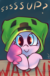 Size: 900x1356 | Tagged: safe, artist:atryl, pinkie pie, earth pony, pony, g4, costume, creeper, female, flame eyes, looking at you, mare, minecraft, signature, smiling, solo, this will end in explosions, warning