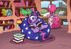 Size: 1752x1221 | Tagged: safe, artist:pippy, gummy, pinkie pie, twilight sparkle, g4, apron, book, clothes, golden oaks library, library, nom, reading, underhoof