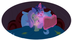 Size: 1600x900 | Tagged: safe, artist:iraecoal, fluttershy, twilight sparkle, pegasus, pony, unicorn, g4, bed, book, cute, dark, female, hug, lesbian, levitation, lidded eyes, magic, mare, open mouth, reading, ship:twishy, shipping, shyabetes, smiling, telekinesis, twiabetes, unicorn twilight