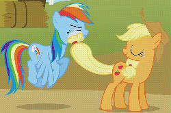 Size: 671x444 | Tagged: safe, screencap, applejack, rainbow dash, earth pony, pegasus, pony, fall weather friends, g4, season 1, animated, cropped, duo, eyes closed, female, mare, prehensile tail