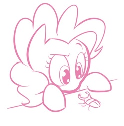 Size: 474x477 | Tagged: safe, artist:shoutingisfun, pinkie pie, beetle, pony, stag beetle, g4, confused, cute, female, leaning, looking at something, monochrome, ponk, raised eyebrow, solo