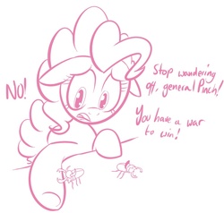 Size: 762x725 | Tagged: safe, artist:shoutingisfun, pinkie pie, beetle, pony, stag beetle, g4, blocking, cute, dialogue, floppy ears, frown, monochrome, open mouth, solo, underhoof