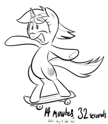 Size: 825x949 | Tagged: safe, artist:shoutingisfun, lyra heartstrings, pony, g4, bipedal, black and white, female, grayscale, grin, monochrome, simple background, skateboard, smiling, solo, white background