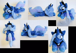 Size: 1024x715 | Tagged: safe, artist:catnapcaps, princess luna, alicorn, pony, g4, beanie (plushie), cute, irl, jewelry, lying down, multiple views, photo, plushie, prone, regalia, solo, squeaky