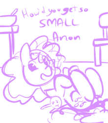 Size: 433x491 | Tagged: safe, artist:mt, pinkie pie, oc, oc:anon, earth pony, pony, g4, female, mare, micro, monochrome, on back