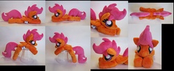 Size: 2301x936 | Tagged: safe, artist:catnapcaps, scootaloo, pegasus, pony, g4, beanie (plushie), irl, lying down, multiple views, photo, plushie, prone, solo, squeaky