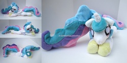 Size: 1826x912 | Tagged: safe, artist:catnapcaps, princess celestia, alicorn, pony, g4, beanie (plushie), irl, lying down, multiple views, photo, plushie, prone, solo, squeaky