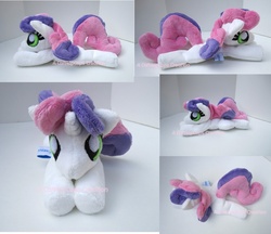 Size: 940x814 | Tagged: safe, artist:catnapcaps, sweetie belle, pony, unicorn, g4, beanie (plushie), horn, irl, lying down, multiple views, photo, plushie, prone, solo, squeaky