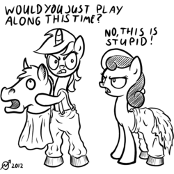 Size: 1024x1024 | Tagged: safe, artist:derkrazykraut, bon bon, lyra heartstrings, sweetie drops, horse, pony, g4, bipedal, black and white, bon bon is not amused, costume, dialogue, duo, grayscale, mask, monochrome, pantomime horse, simple background, two-person costume, white background