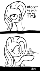 Size: 814x1438 | Tagged: safe, artist:derkrazykraut, fluttershy, bird, pegasus, pony, tit (bird), titmouse, g4, 2 panel comic, bait and switch, bedroom eyes, comic, female, looking at you, mare, monochrome, open mouth, pun, signature, smiling, solo