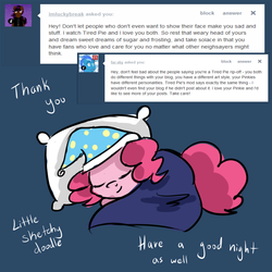 Size: 1000x1000 | Tagged: safe, artist:maplesunrise, pinkie pie, earth pony, pony, ask snuggle pie, g4, ask, blanket, eyes closed, female, hat, nightcap, pillow, sleeping, solo, tumblr