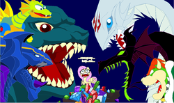 Size: 1294x767 | Tagged: safe, artist:terry, fluttershy, dragon, kaiju, pegasus, pony, g4, bahamut, blue-eyes white dragon, bowser, crossover, female, godzilla, godzilla (series), male, maleficent, mare, mecha dragon, mega man (series), super mario bros., this will end in pain and/or tears and/or death, this will not end well, yu-gi-oh!