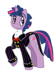 Size: 600x800 | Tagged: safe, artist:anaxboo, twilight sparkle, pony, unicorn, g4, bowtie, buttons, clothes, dusk shine, pinstripes, rule 63, solo, suit, tuxedo