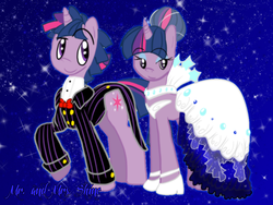 Size: 800x600 | Tagged: safe, artist:anaxboo, twilight sparkle, pony, unicorn, g4, alternate hairstyle, clothes, dress, duo, dusk shine, female, male, r63 paradox, rule 63, self ponidox, selfcest, ship:dusktwi, shipping, straight, suit, wedding, wedding dress