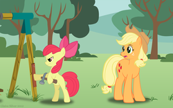 Size: 2400x1500 | Tagged: safe, artist:glaive-silver, apple bloom, applejack, earth pony, pony, g4, angry, apple sisters, bipedal, bipedal leaning, bush, dexterous hooves, female, filly, foal, frown, hammer, mare, siblings, sisters, swing